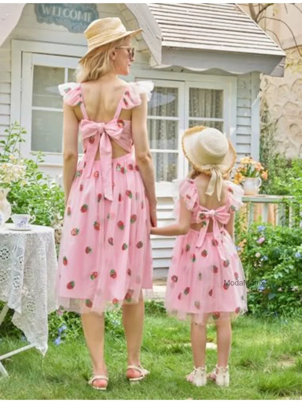 Girls Strawberry Sequined Tulle A-Line Dress Flutter Sleeve Bow Back